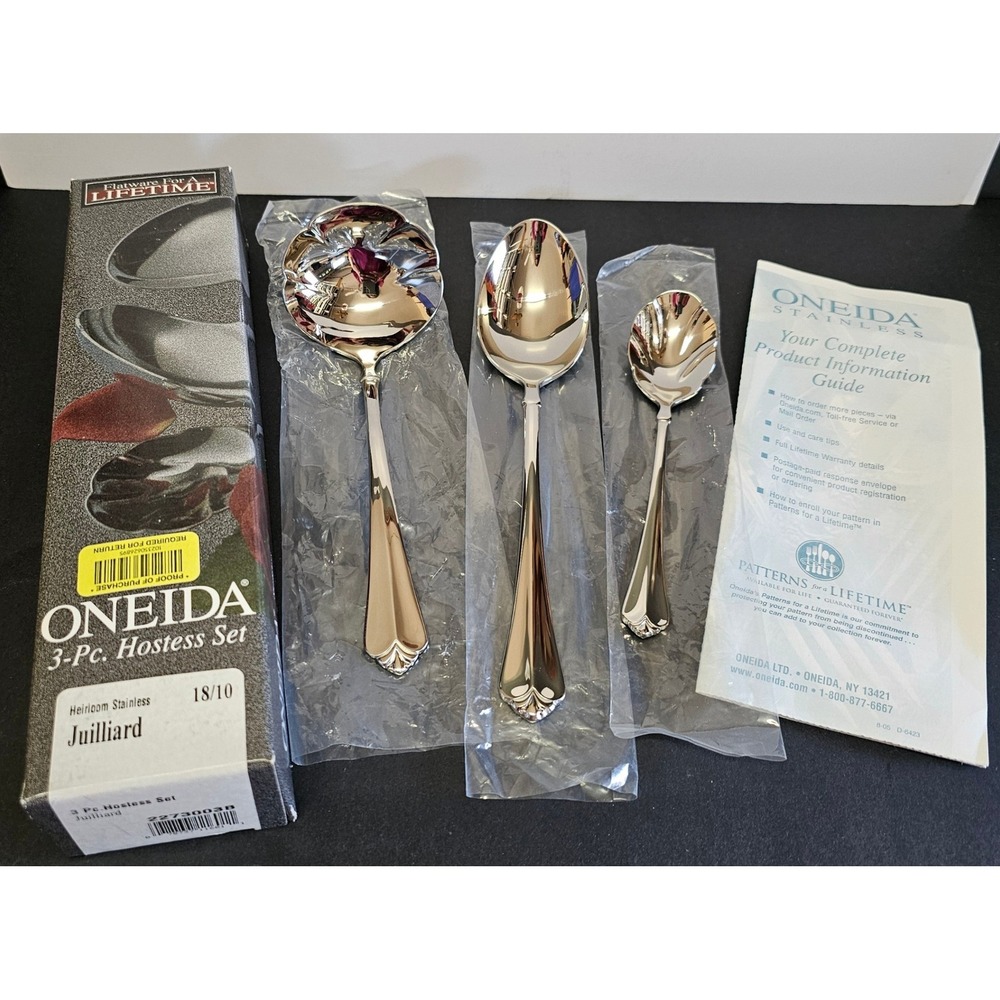 Oneida Juilliard 3 Pc Hostess Set Heirloom Stainless 18/10 Sugar, Serving & Ladl